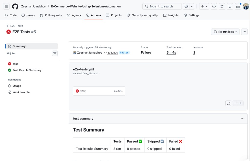 GitHub Actions test summary — 8 passed