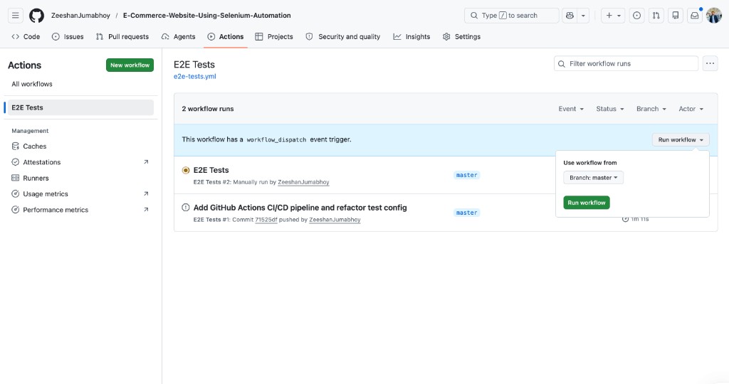 GitHub Actions E2E Tests workflow