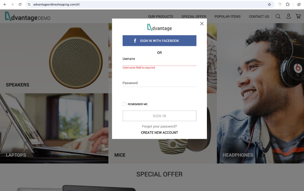 Login modal with validation