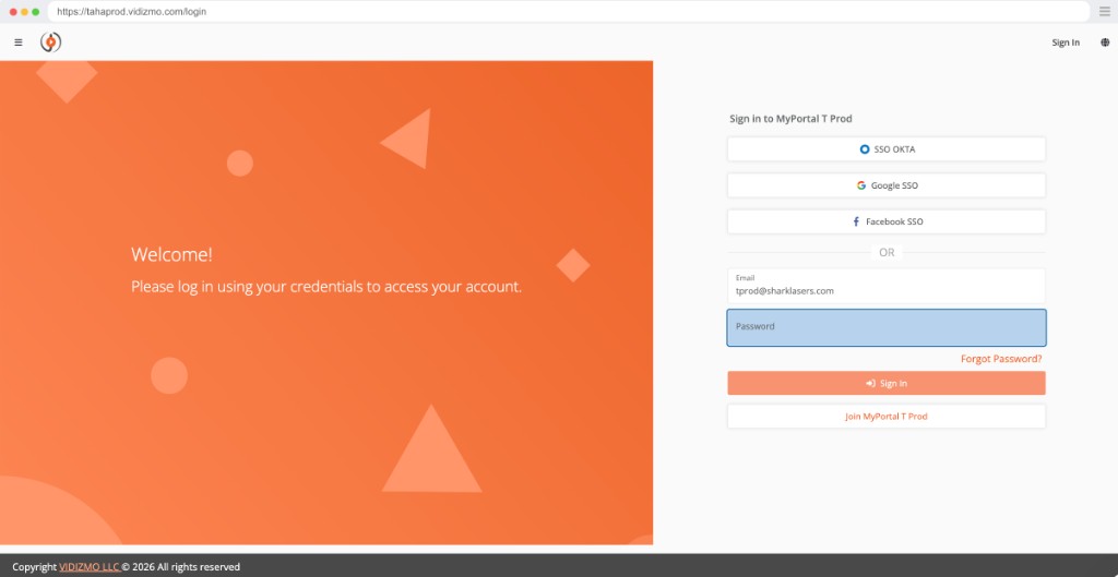 VIDIZMO login — tahaprod.vidizmo.com